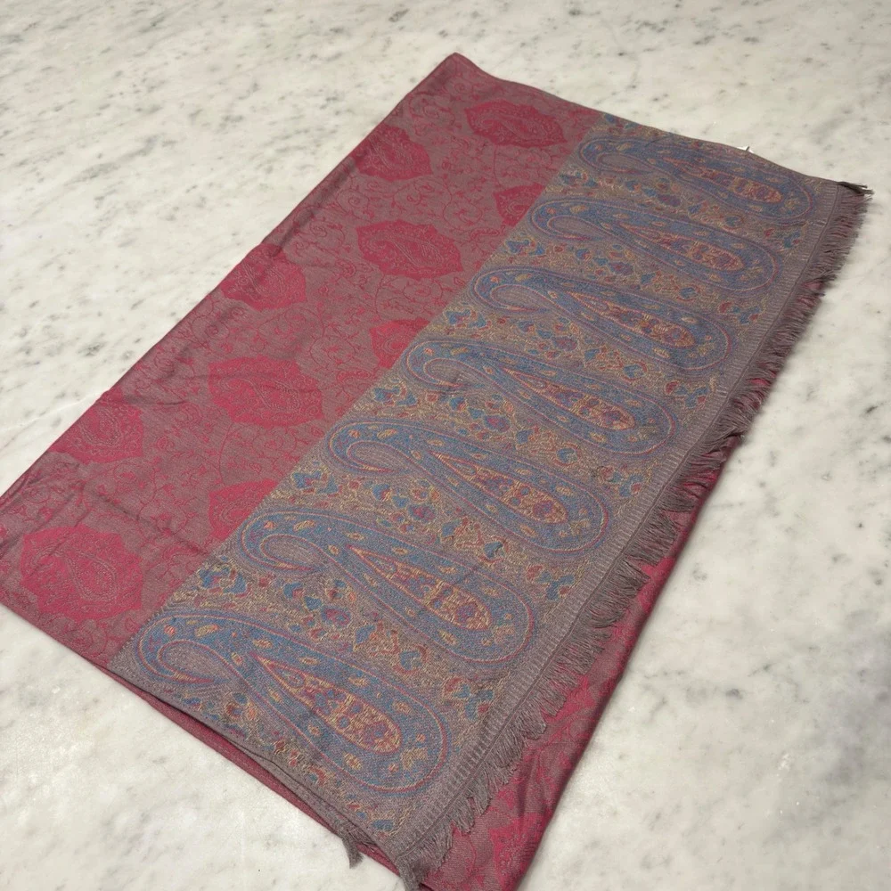 Paisley Shawl Scarf‎ Wrap Large Pink Blue Gold Metallic Fringe